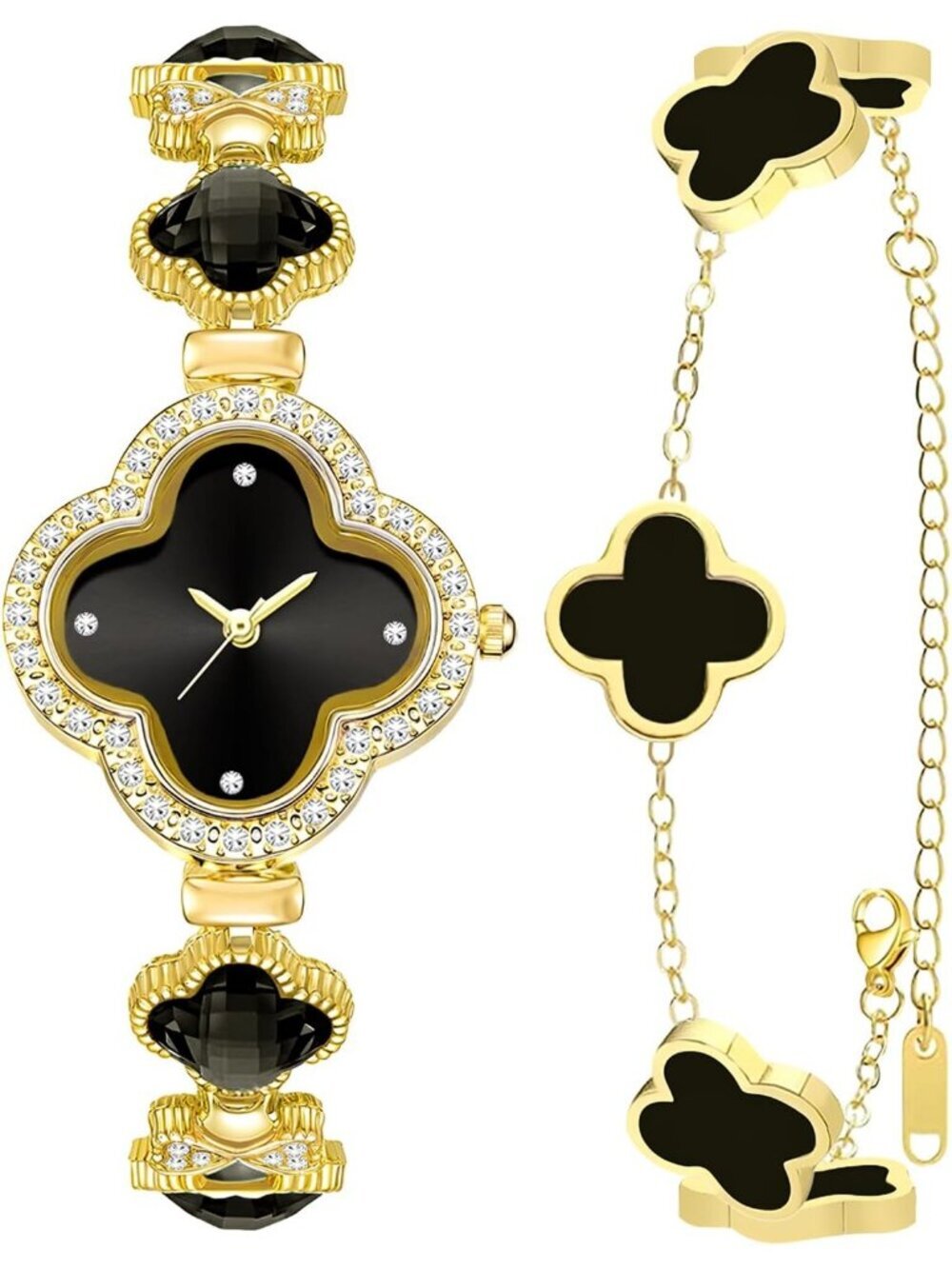 Women's Black Gold Lucky Clover Flower Design Four Leaf Bracelet Set Wrist Watch - Picture 1 of 7
